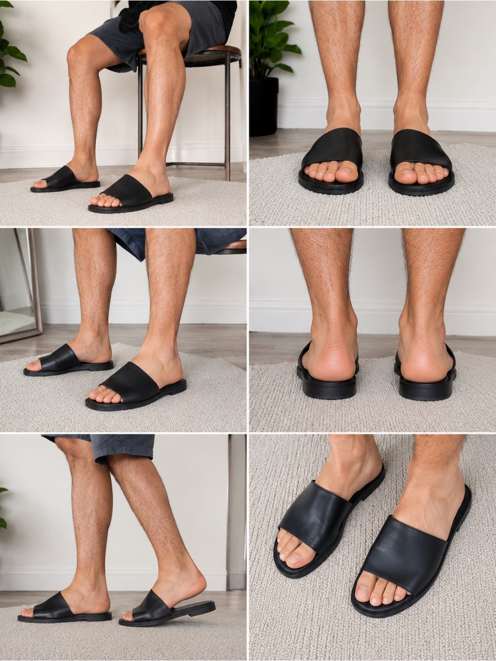 Men's Black Slide Sandals - Minimal Leather Slip-Ons
